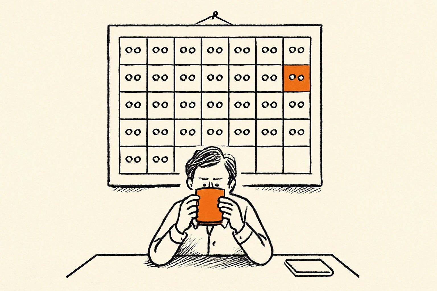 Ink cartoon: a large wall calendar whose every empty day square holds a small pair of eyes staring down; one square is orange. Below it a person at a desk hides behind an orange mug.