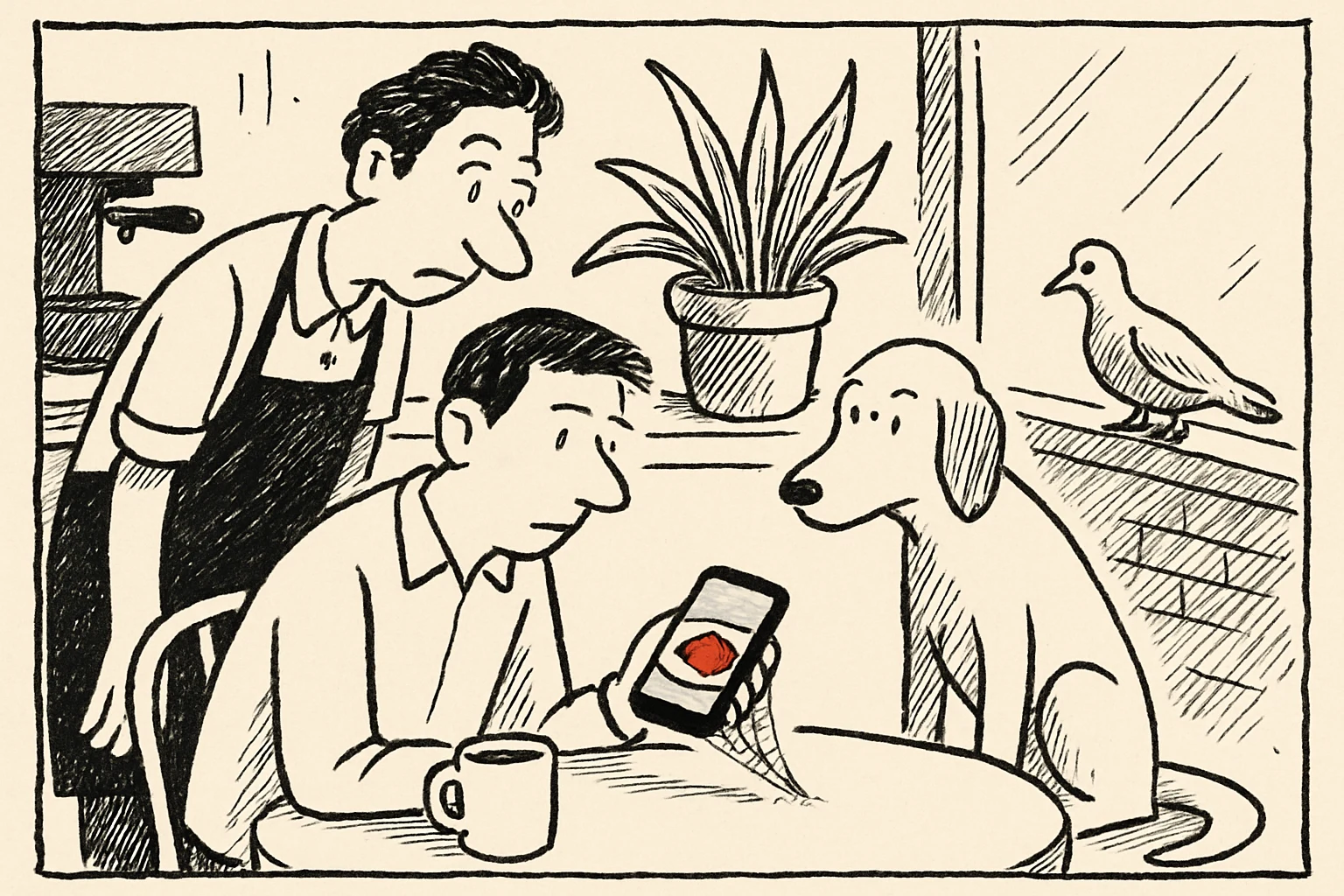 Ink cartoon: in a cafe a customer holds a phone with a food photo while the barista, a potted plant, a dog and a pigeon at the window all lean in, waiting for the caption; a cobweb has grown between the phone and the table.