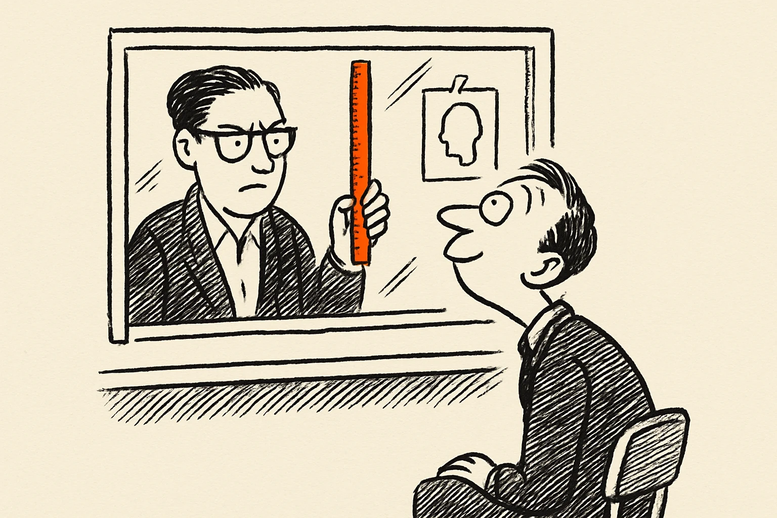 Ink cartoon: behind a passport counter window a stern clerk holds an orange ruler beside a head stencil taped to the glass, while the applicant stretches his neck to fit the outline.