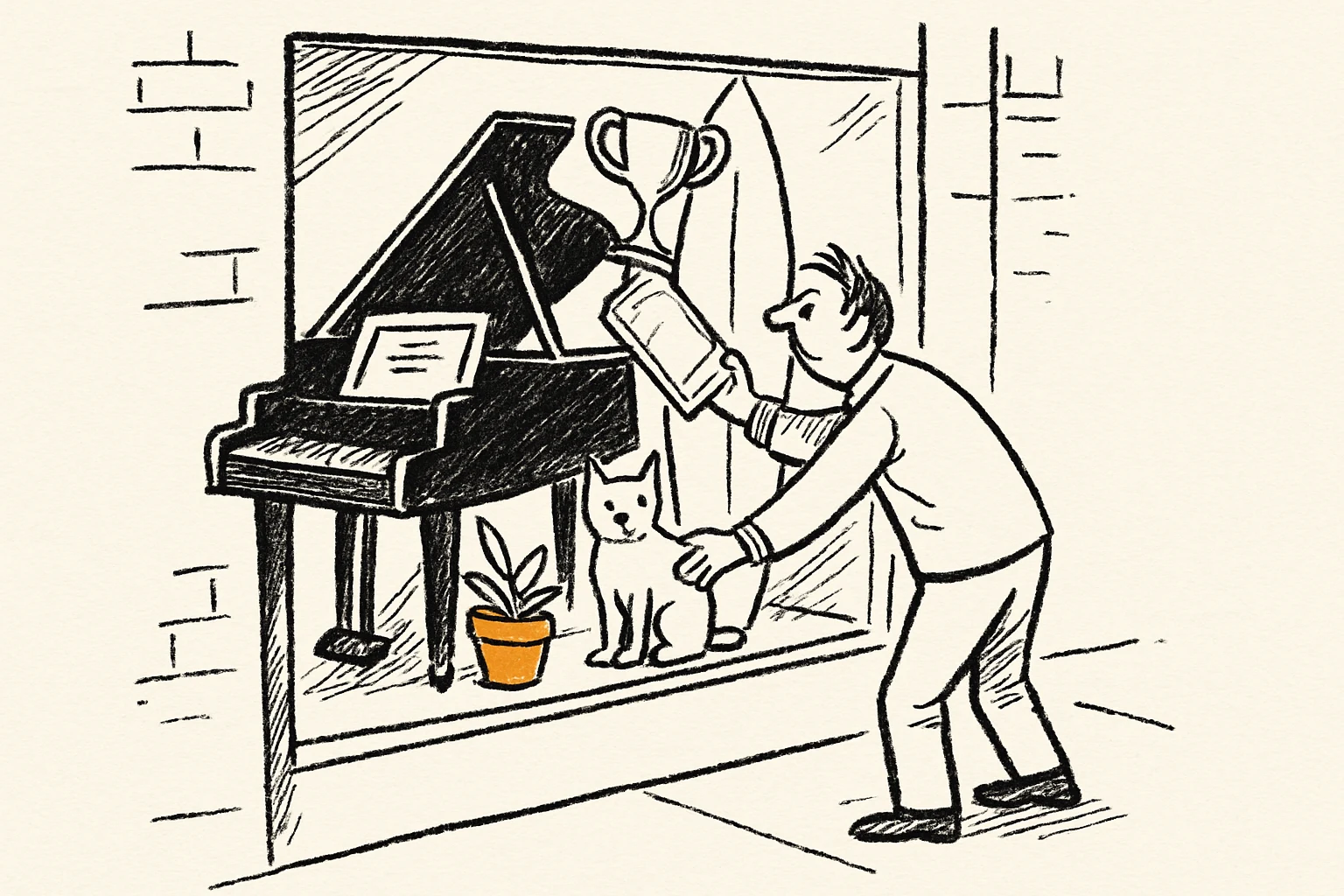 Ink cartoon: a person tries to push a grand piano, a trophy and a diploma into a tiny shop window; only a small potted plant fits, and a cat has already sat down inside.