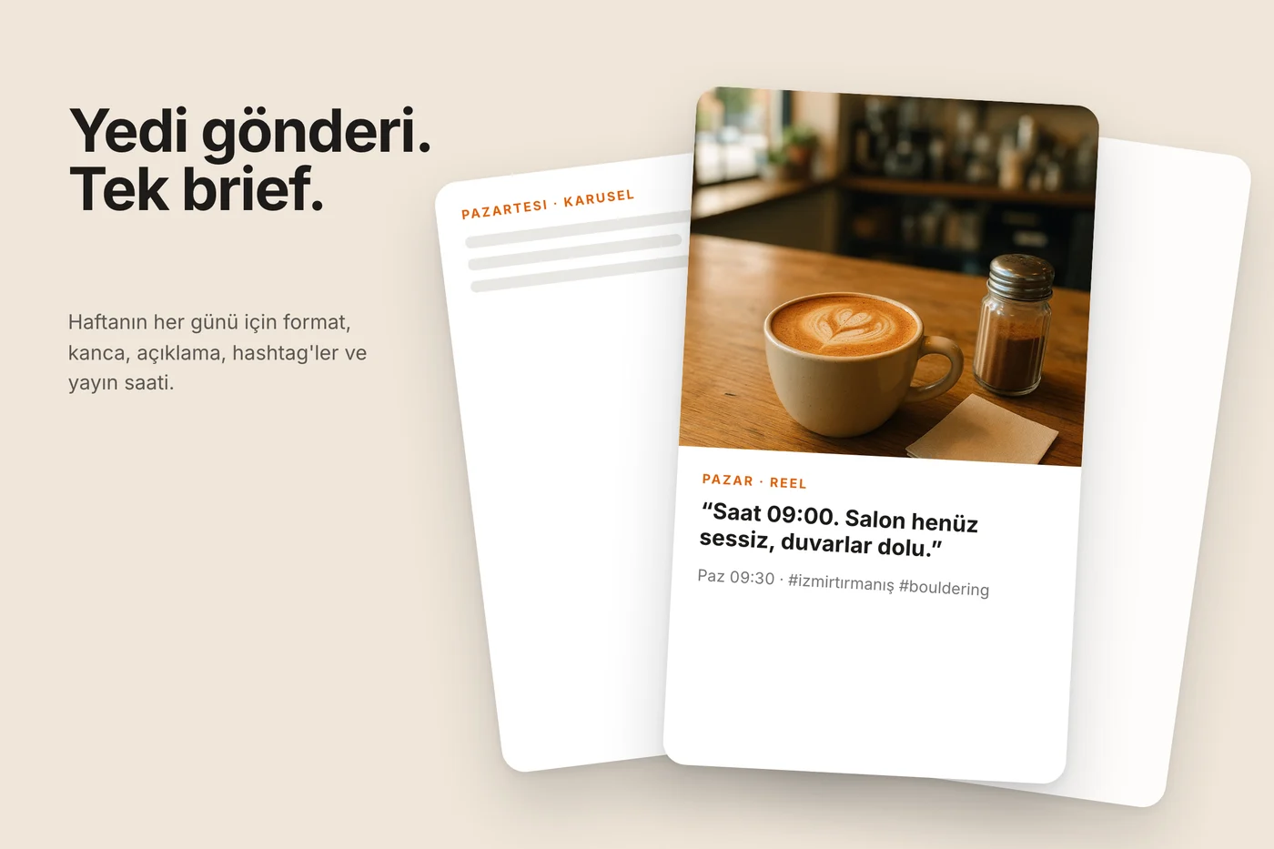 Sıcak zeminde, Pazartesi karusel kartının önünde yüzen bitmiş Pazar gönderi kartı: kafe fotoğrafı, kanca satırı ve yayın saati.