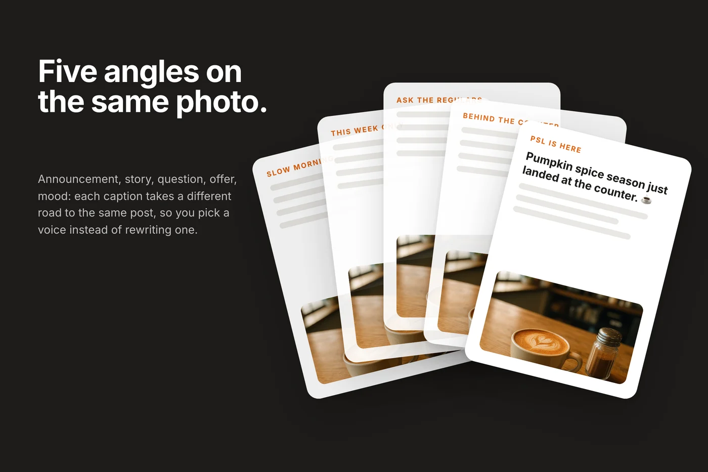 Five caption cards fanned on a black field, each labelled with its angle; the front card shows the hook Pumpkin spice season just landed at the counter and the latte photo.