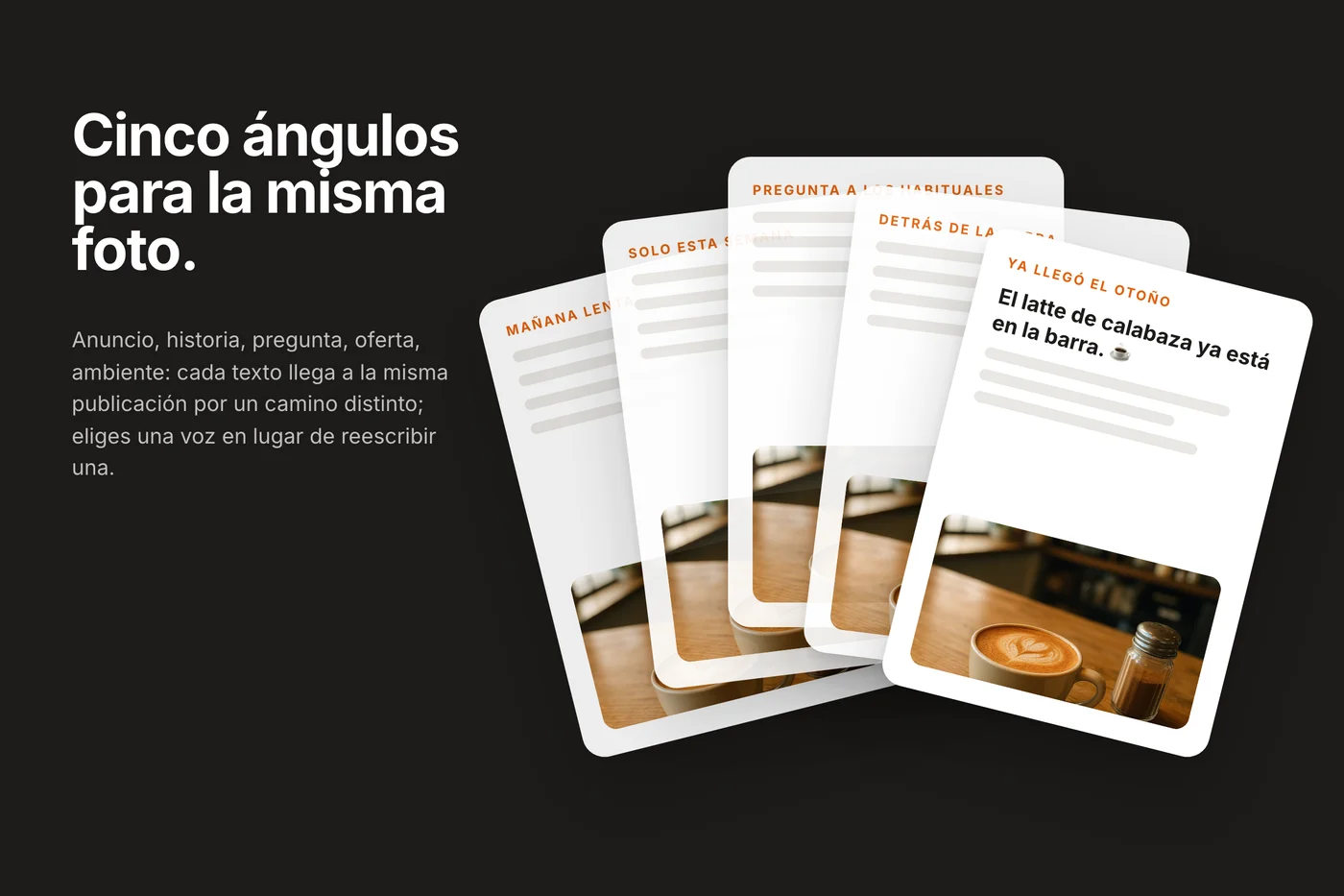 Cinco tarjetas de texto en abanico sobre fondo negro, cada una con su ángulo; la de delante muestra el gancho El latte de calabaza ya está en la barra y la foto del latte.