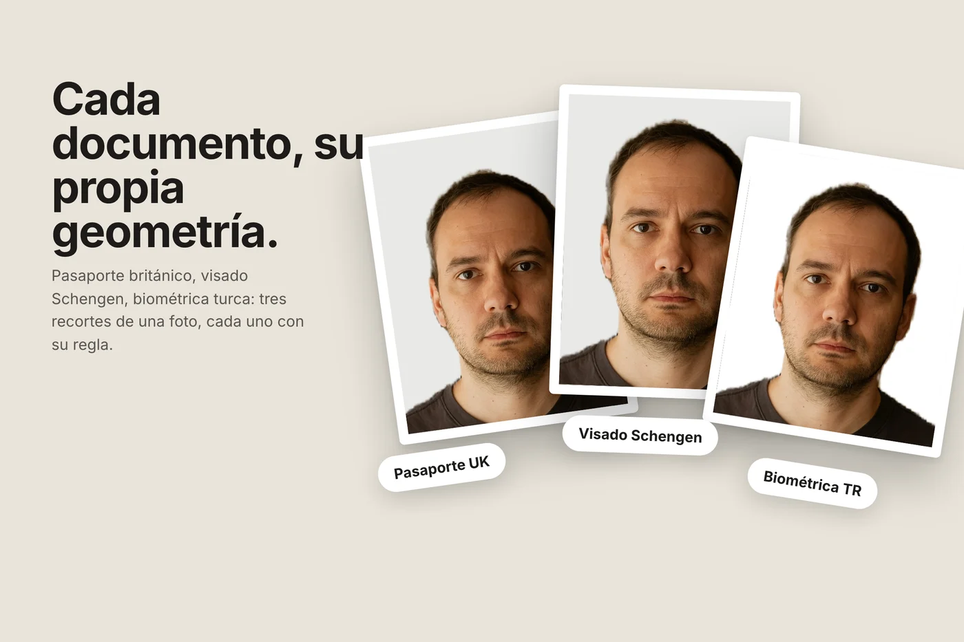 Tres impresiones de la misma persona en abanico sobre fondo arena, cada una con un chip que nombra su documento: pasaporte UK, visado Schengen, biométrica TR.