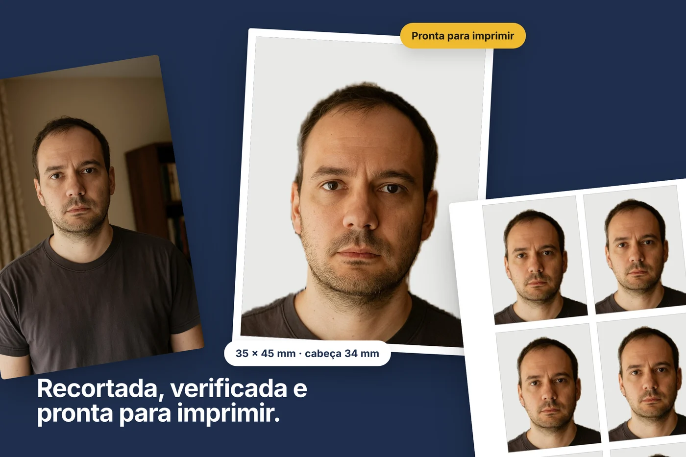 Uma foto de telemóvel inclinada, a foto de passaporte pronta com margem branca e uma folha 4 × 6 com seis cópias, sobre fundo azul escuro.