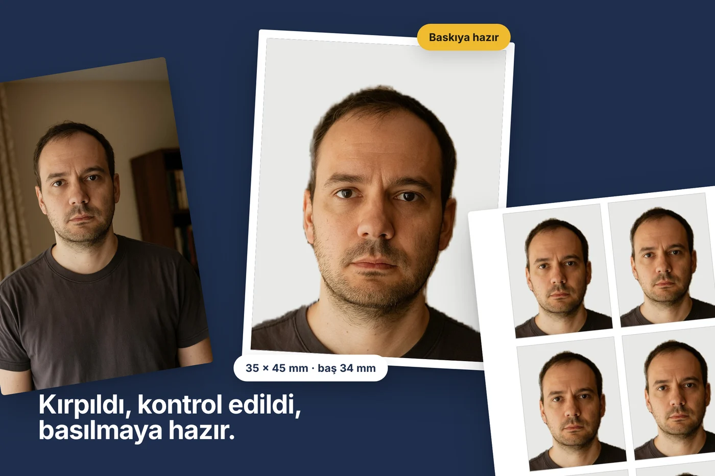Eğik bir telefon fotoğrafı, beyaz baskı çerçevesinde bitmiş pasaport fotoğrafı ve altı kopyalı 4 × 6 baskı sayfası, lacivert zeminde.