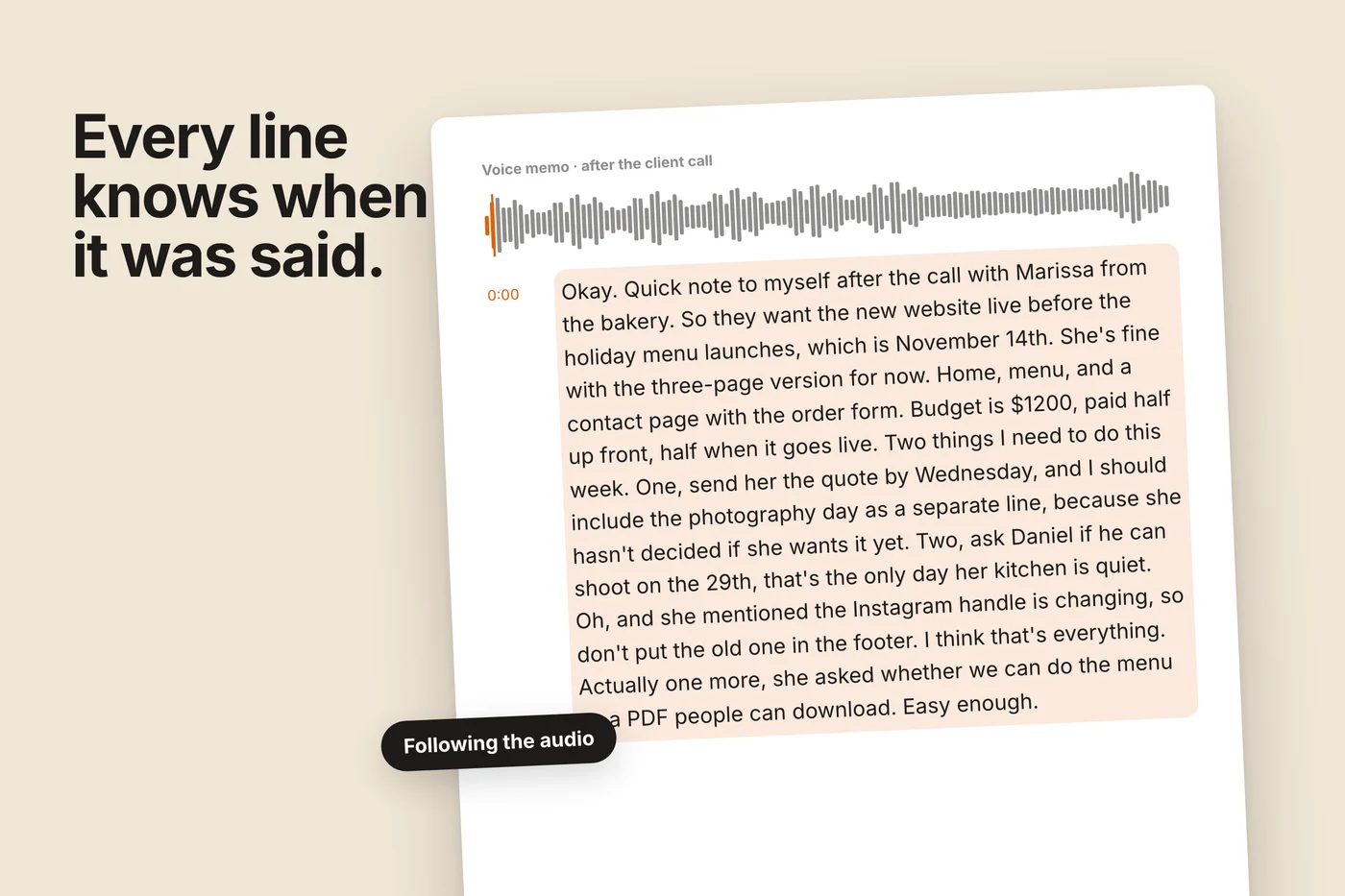 A transcript page floating on a warm field. A paragraph is highlighted in orange with the timestamp 0:31 beside it, and a waveform above shows the playhead at the same point.