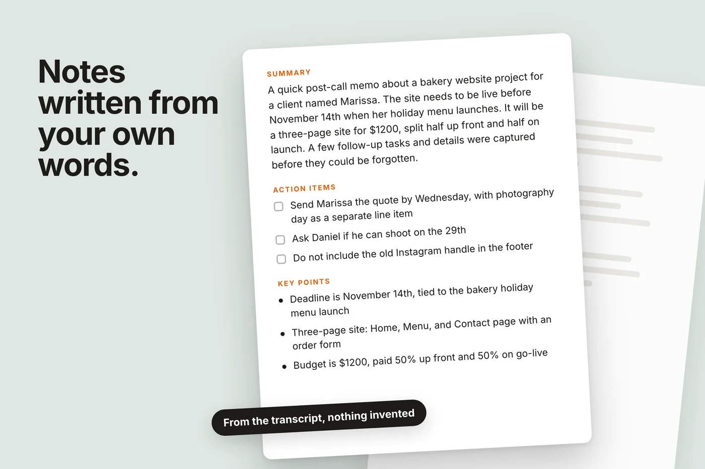 A notes sheet floating over a transcript: a short summary, three key points, two action items with checkboxes, and four chapters with timestamps.