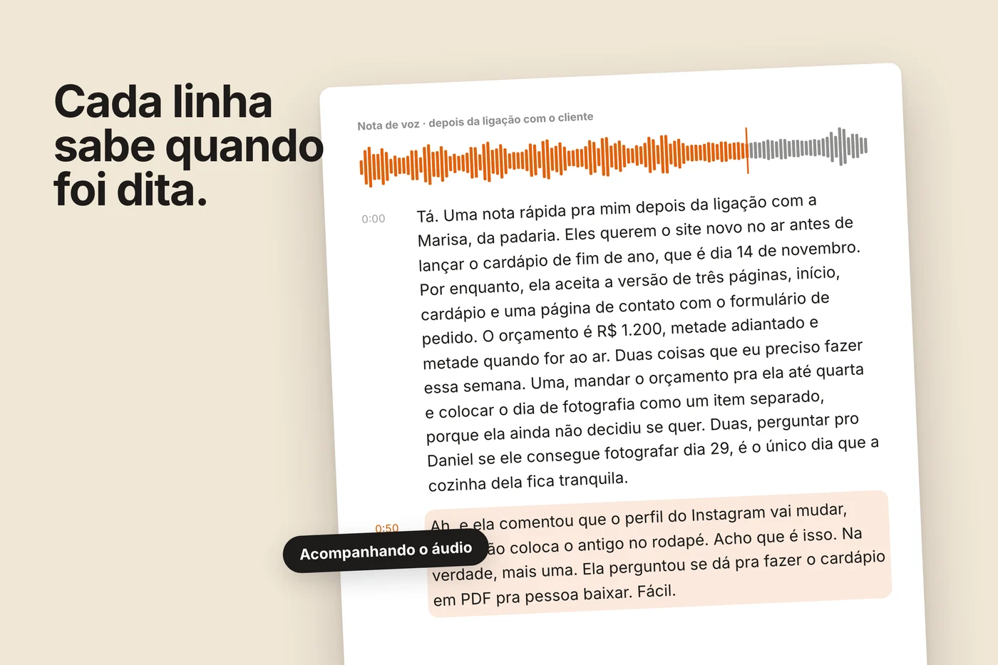 Uma página de transcrição flutuando sobre um fundo quente. Um parágrafo está destacado em laranja com a marcação 0:31 ao lado, e a forma de onda acima mostra o cursor de reprodução no mesmo ponto.