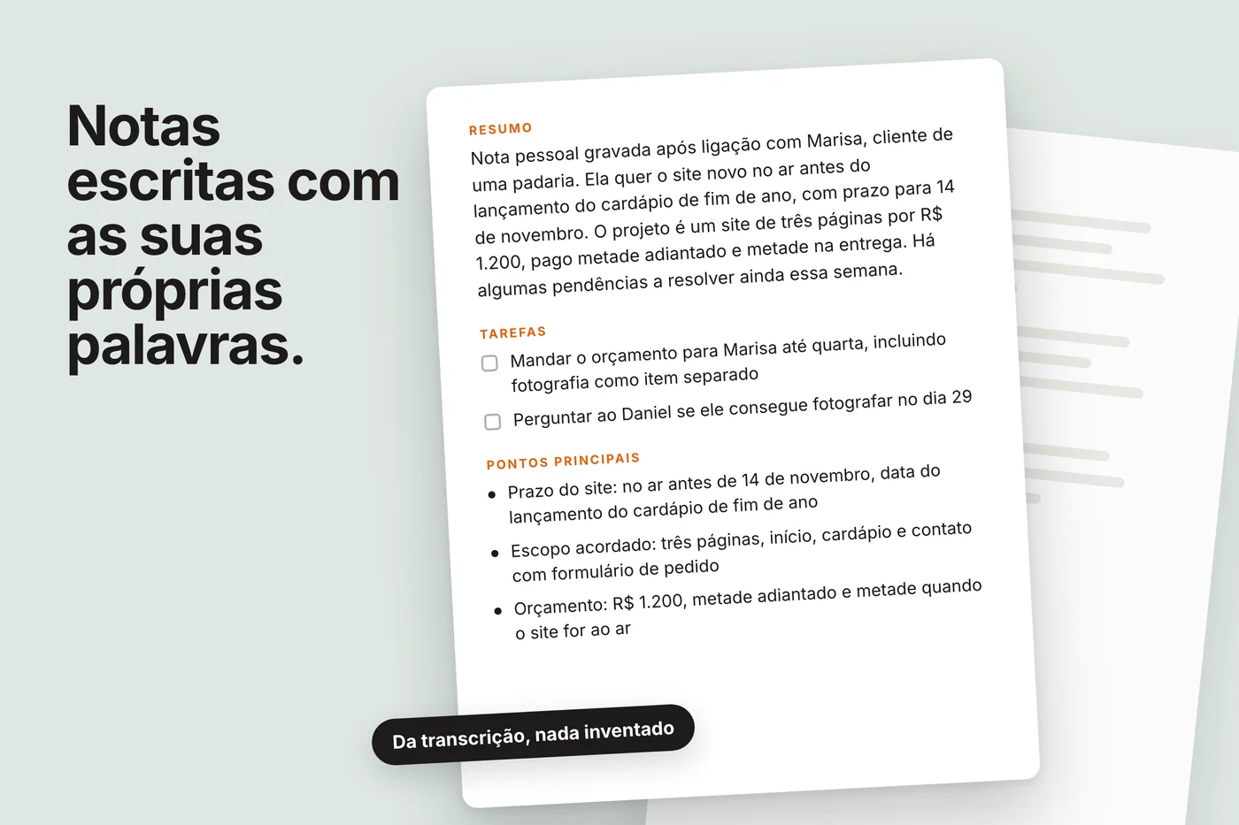 Uma folha de notas flutuando sobre uma transcrição: um resumo curto, três pontos principais, dois itens de ação com caixas de seleção e quatro capítulos com minutagem.