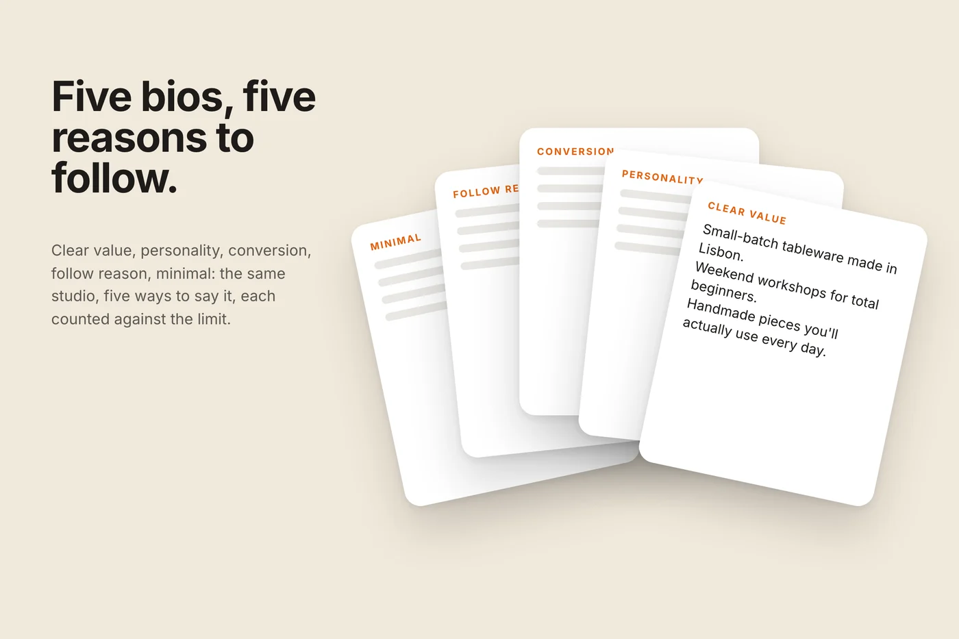 Five bio cards fanned on a cream field, each labelled with its angle; the front card carries the Lisbon ceramics bio in full.
