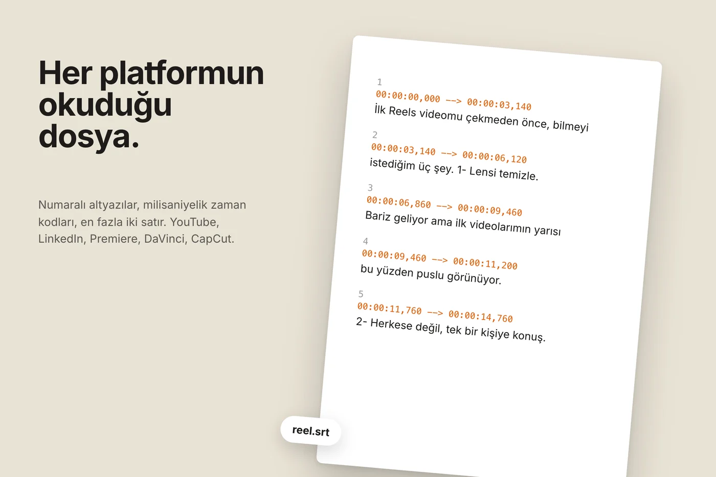 Hafif eğik duran bir SRT dosya sayfası: numaralı altyazılar, zaman kodları ve kısa metin satırları; ilk altyazı örnek reel'den.