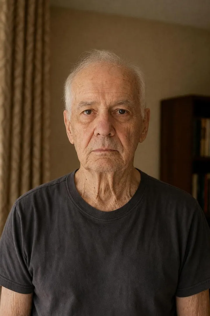 The same man at about 90, thin white hair and deep lines, same T-shirt and room.