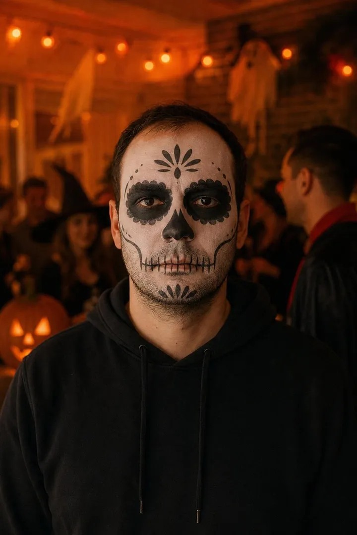 The same man in black and white sugar-skull face paint and a black hoodie, still recognisable, at the party.