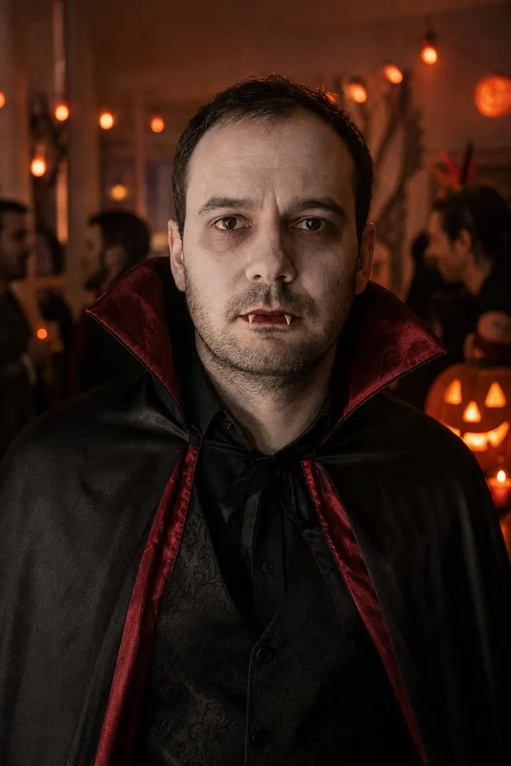 The same man as a vampire in a red-lined cape, small fangs showing, at a Halloween house party with glowing pumpkins.