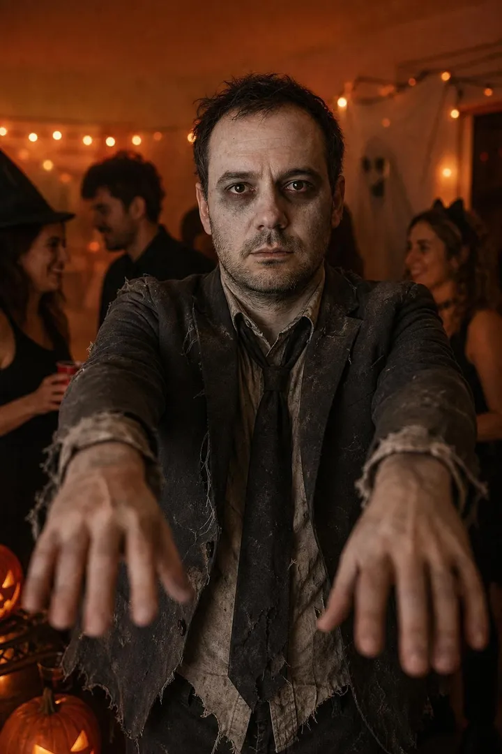 The same man as a zombie in a ripped suit and grey face paint, arms stretched forward, friends in costume behind.