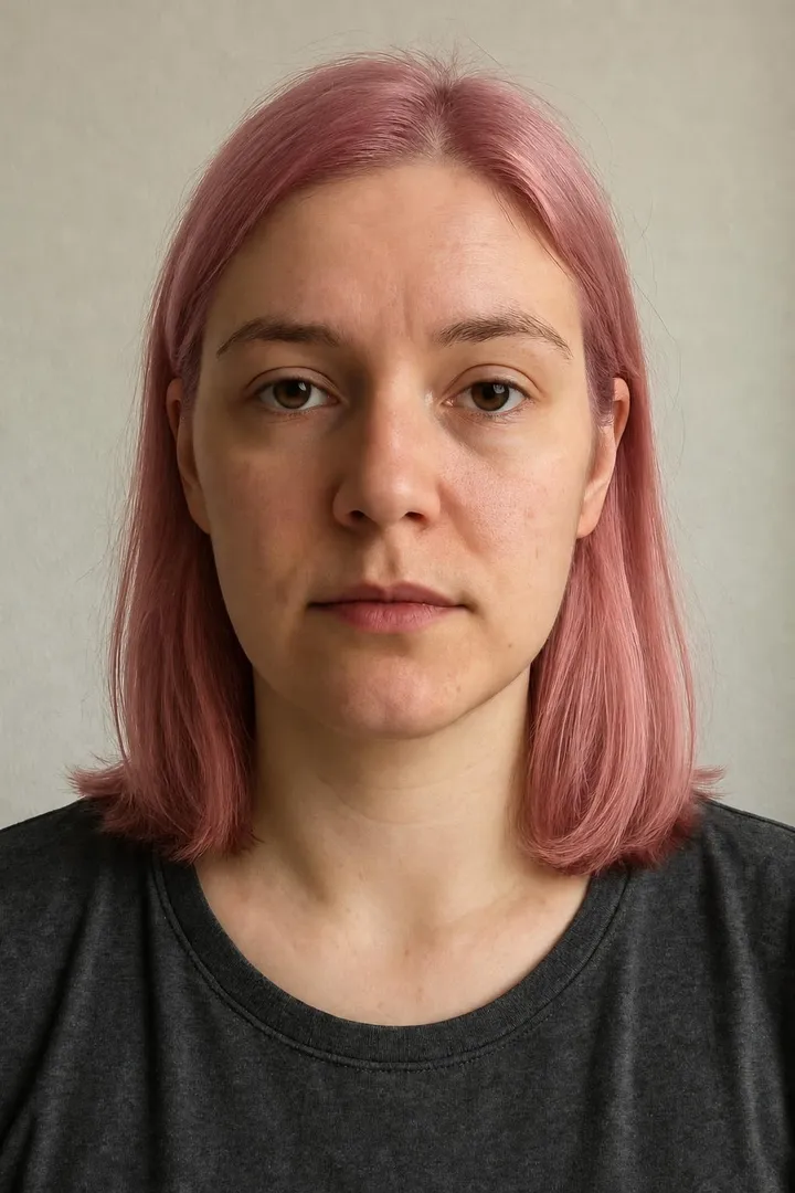 The same woman with rose pink hair, same face, room and light.