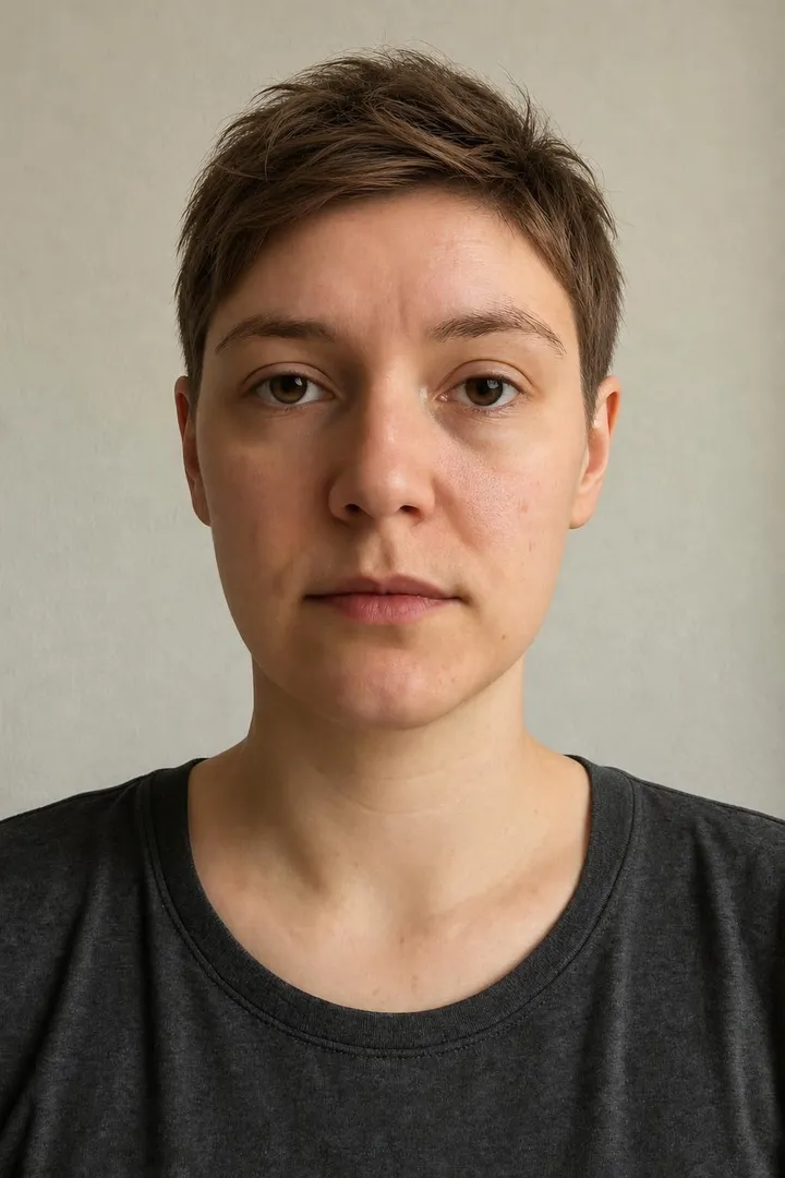 The same woman with a short pixie cut, same face, room and light.