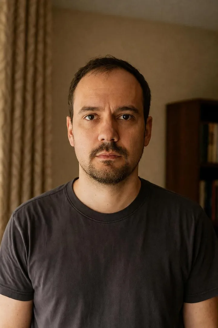 The same man with a neat goatee and moustache.