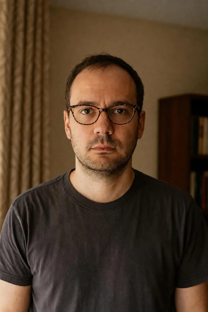 The same man in tortoiseshell cat-eye glasses.
