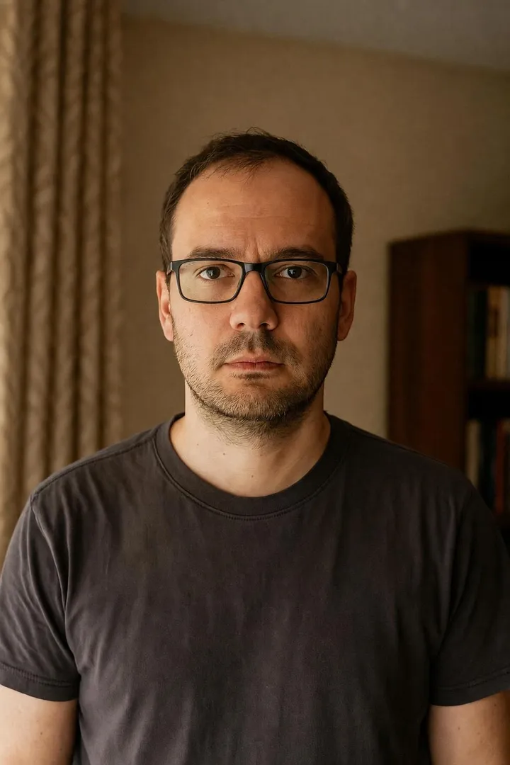 The same man in black rectangular acetate glasses.