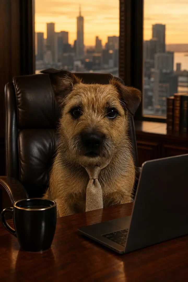 The same terrier in a tie at a desk with a laptop, a city skyline behind.