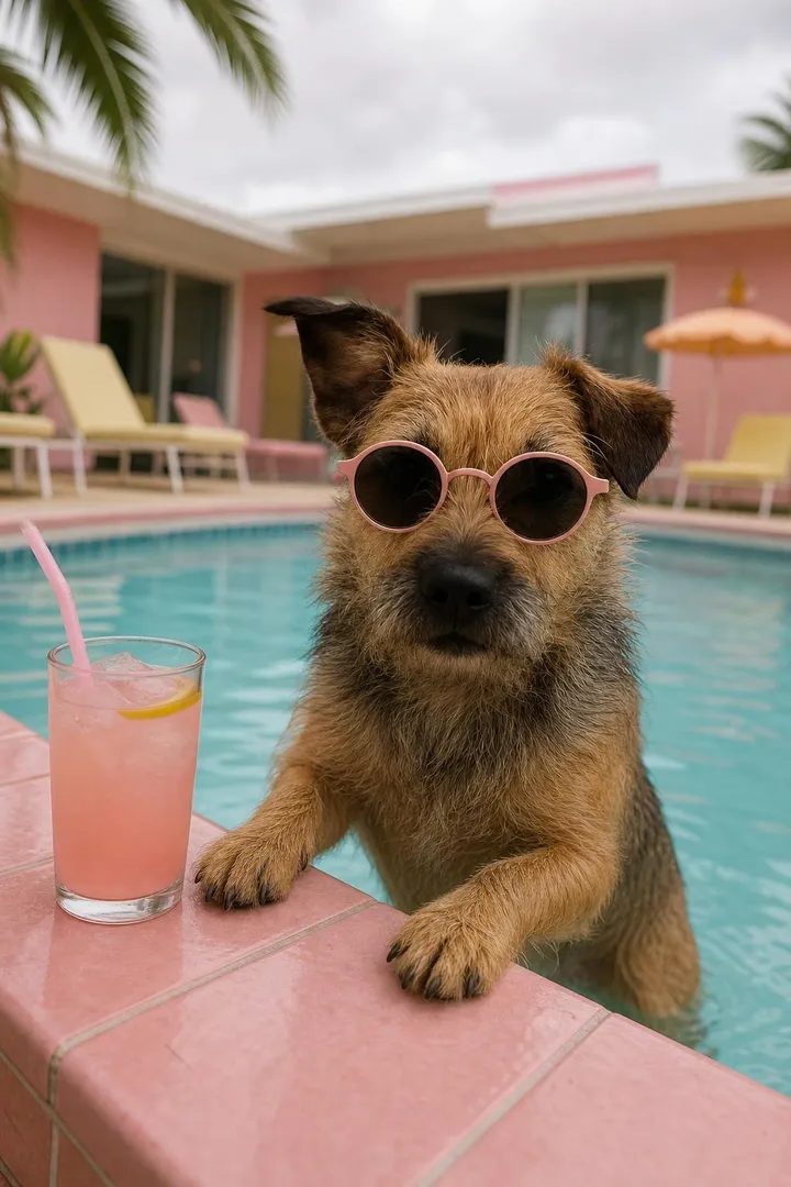 The same terrier in heart sunglasses at the edge of a pink pool with a lemonade.