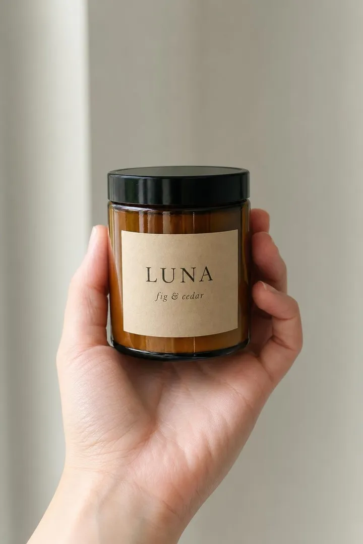 The candle jar held in one hand against a soft grey background.
