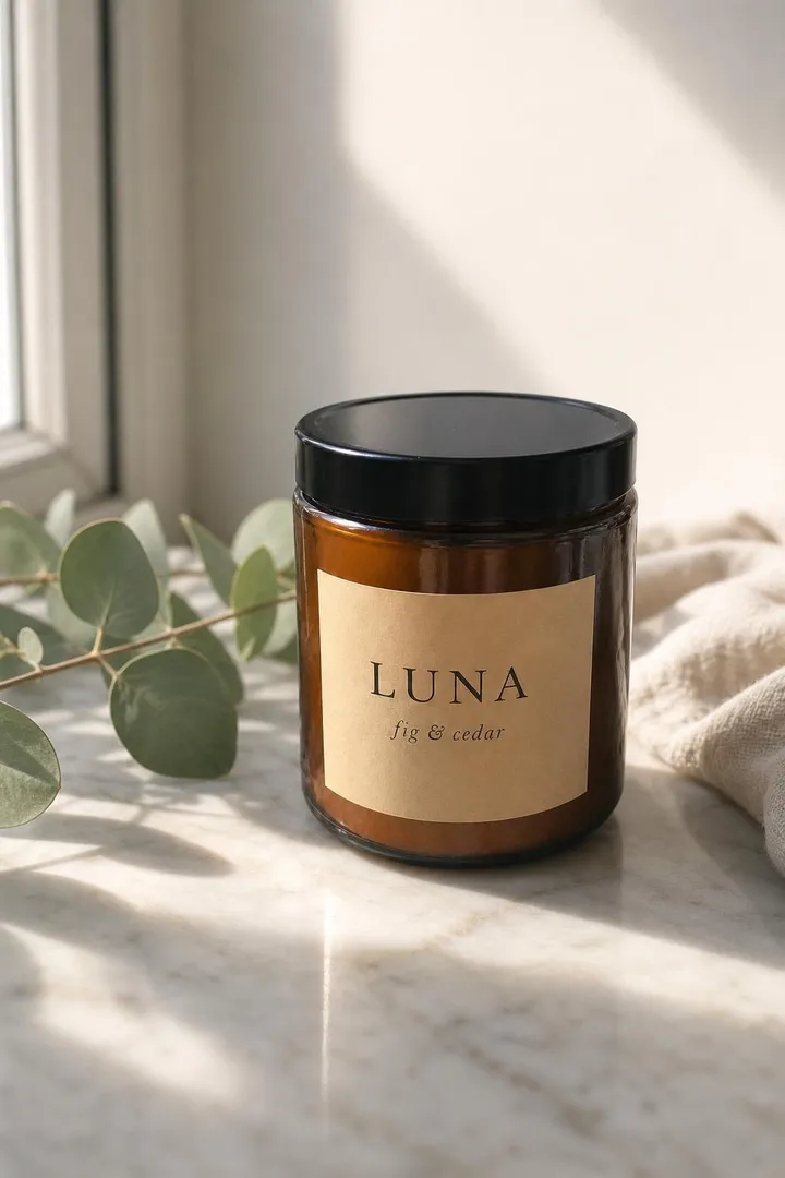The candle jar on white marble by a window with a eucalyptus sprig.