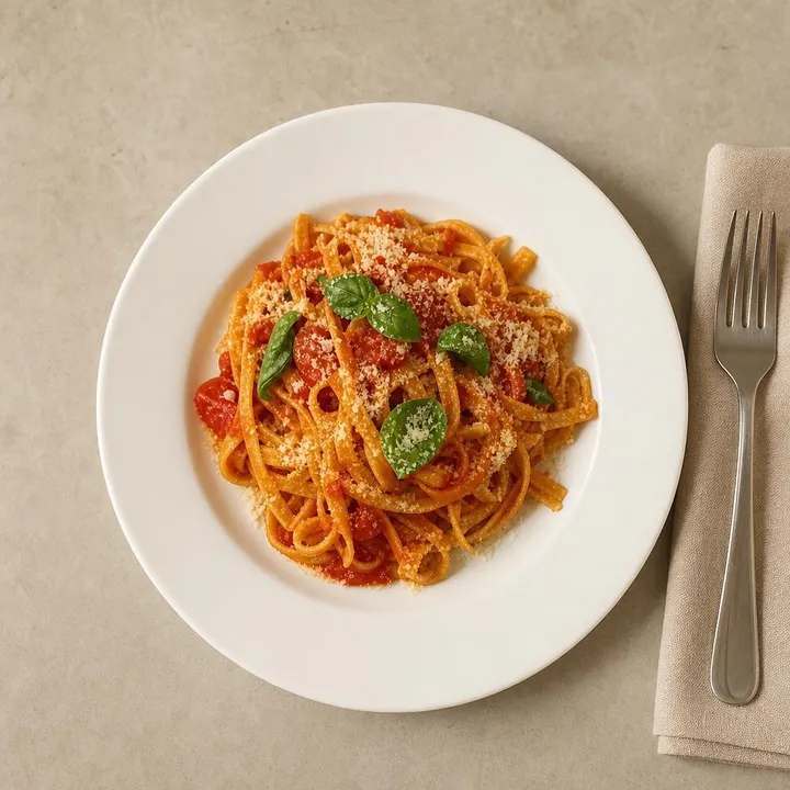 The same plate of tagliatelle with tomato and basil, shot from above on a stone table.