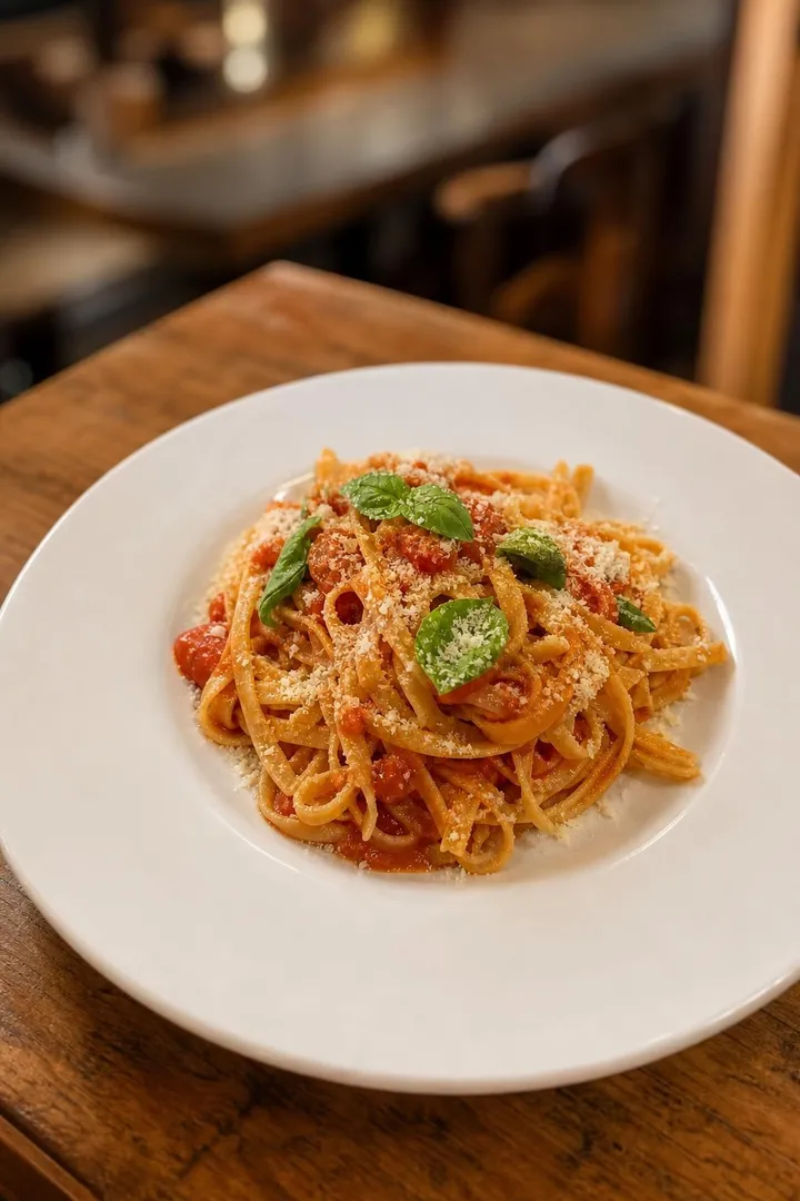 The same plate of tagliatelle on a wooden table in a warm restaurant.