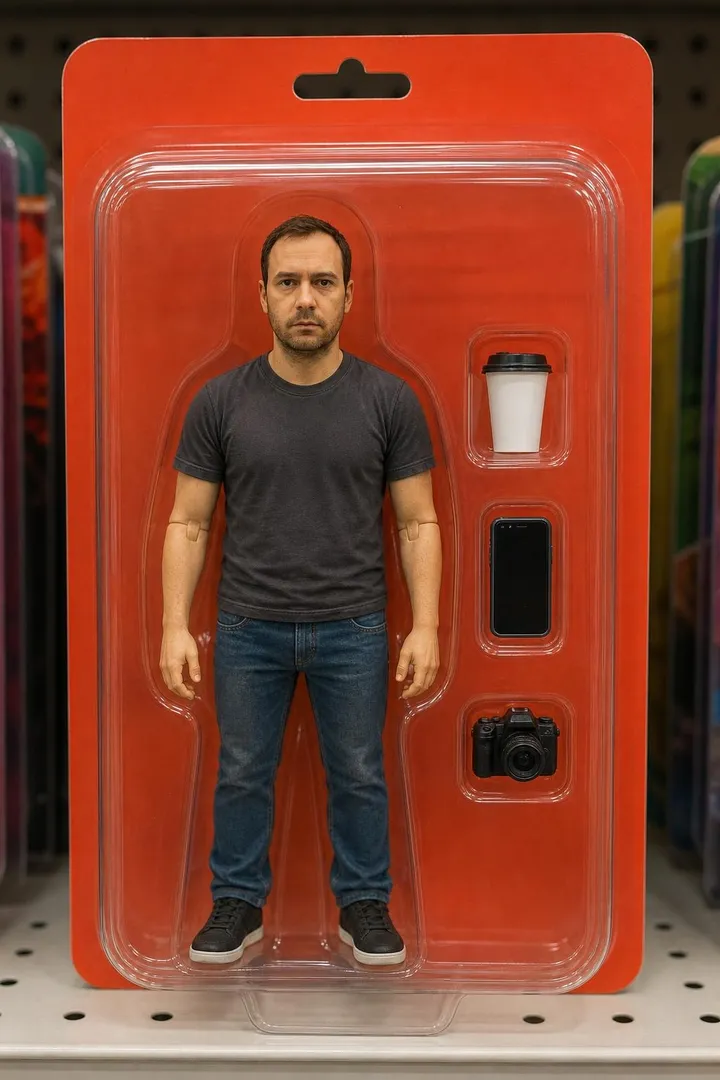 The same man as a small action figure in a blister pack with a coffee cup and a phone as accessories.