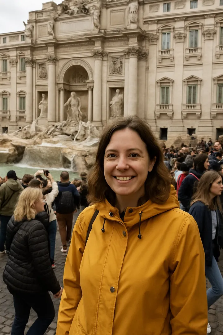 A woman in a mustard raincoat in front of a baroque fountain, tourists crowding behind her.