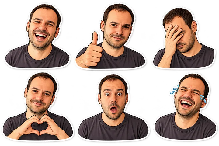 The same six expressions as hand-drawn comic stickers with bold outlines.