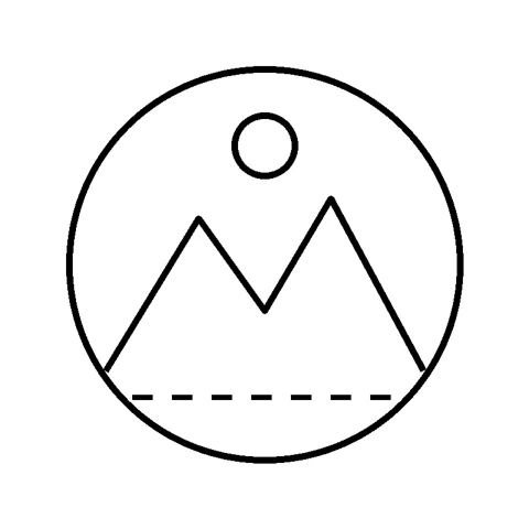 A simple line drawing: mountains and a sun inside a circle.