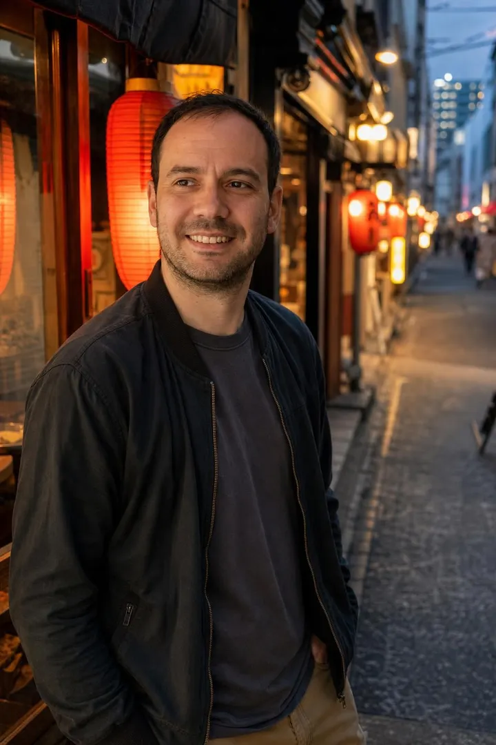 The same man grinning on a lantern-lit Tokyo side street at dusk.